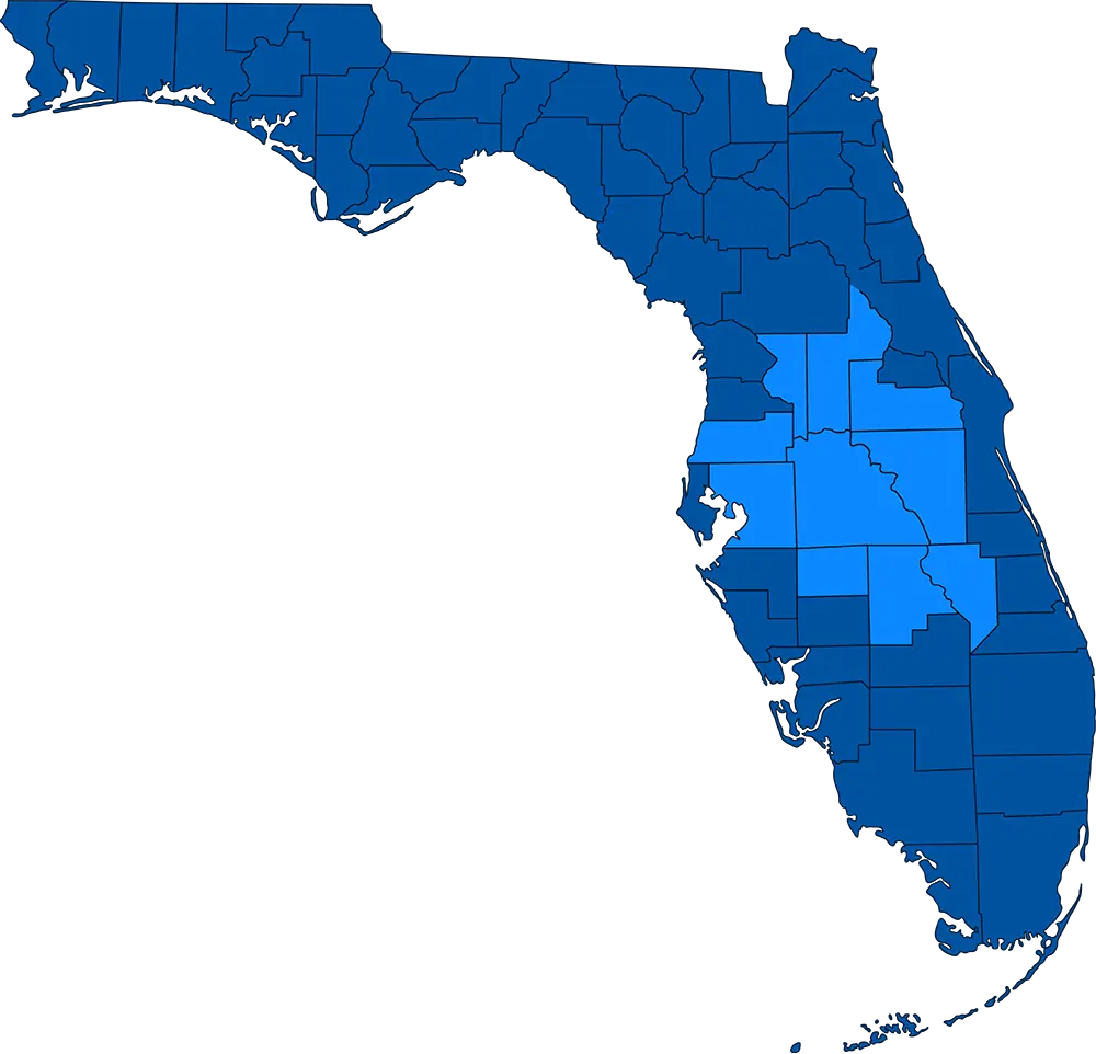 Map of Florida with highlighted service area counties